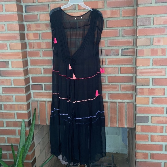 bloomfield Dresses & Skirts - Black tassels maxi boho raw silk caftan/ bikini cover or dress Large baba bloomf